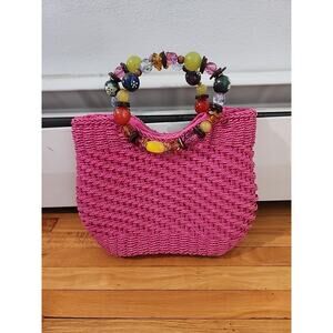 Cappelli Straworld Straw Purse Handbag Beaded Handles Natural Straw Bag Pink